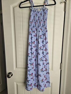 One Step Ahead Light Blue Striped Butterfly Smocked Jumpsuit